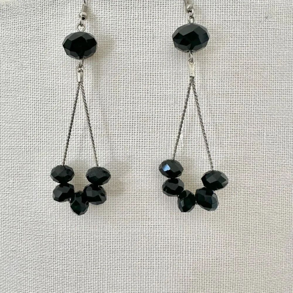 Black and silver tone long beaded earrings